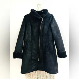7 For All Mankind jacket Sherpa Faux-Shearling black suede mid length coat Moto
