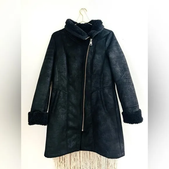 7 For All Mankind jacket Sherpa Faux-Shearling black suede mid length coat Moto