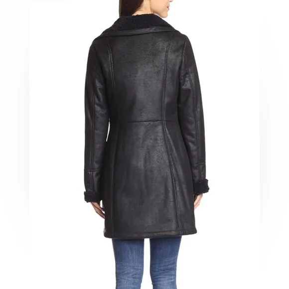 7 For All Mankind jacket Sherpa Faux-Shearling black suede mid length coat Moto