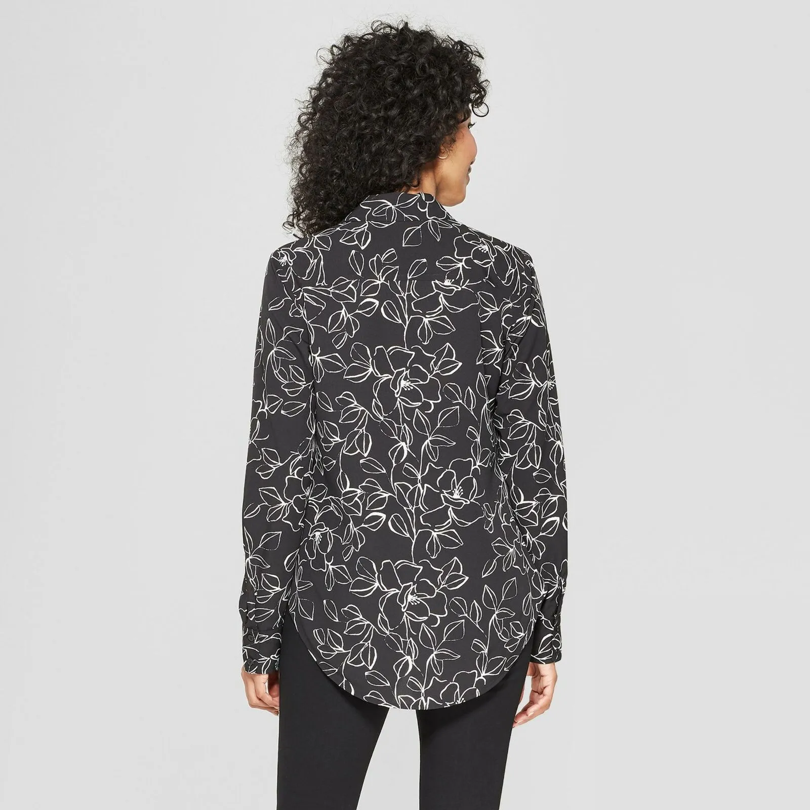 A New Day Women's Floral Print Long Sleeve Button-Front Blouse Shirt