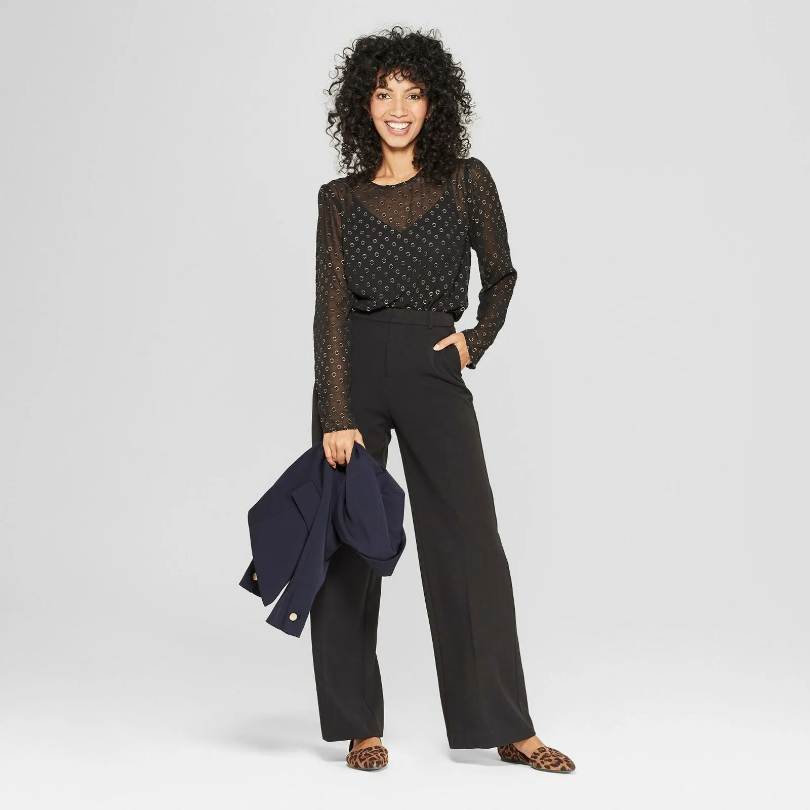 A New Day Women's Sheer Glitter Polka Dot Long Sleeve Sheer Blouse