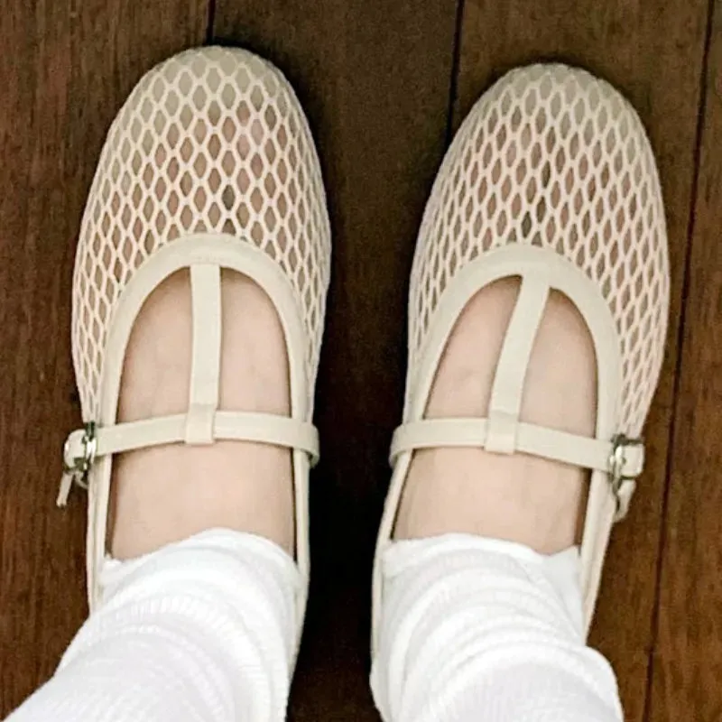 ADVBRIDGE  -  High Quality Hollow Mesh Flat Sandals Women Fashion Round Toe Narrow Band Buckle Women Sandals Simple Comfortable Designer Shoes