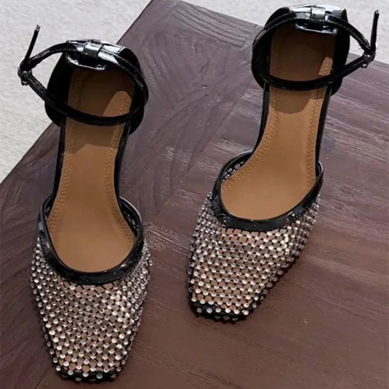 ADVBRIDGE  -  Luxury Mesh Rhinestone Designer Sandals Fashion Buckle Ankle Strap Square Toe women Slide Sandals summer Sexy Hollow Ladies Shoe