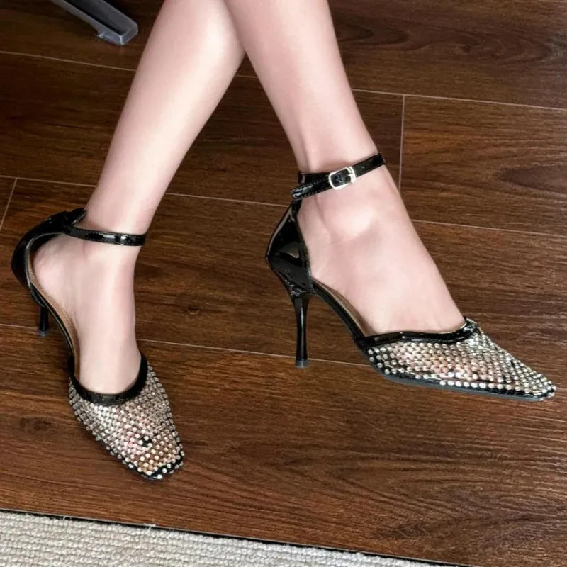 ADVBRIDGE  -  Luxury Mesh Rhinestone Designer Sandals Fashion Buckle Ankle Strap Square Toe women Slide Sandals summer Sexy Hollow Ladies Shoe