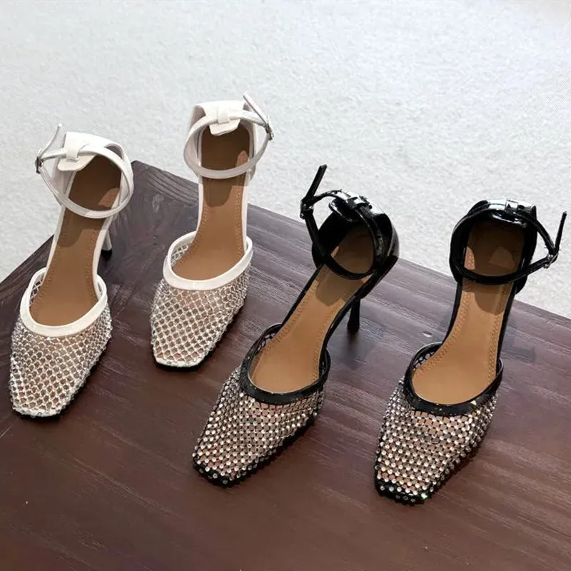 ADVBRIDGE  -  Luxury Mesh Rhinestone Designer Sandals Fashion Buckle Ankle Strap Square Toe women Slide Sandals summer Sexy Hollow Ladies Shoe