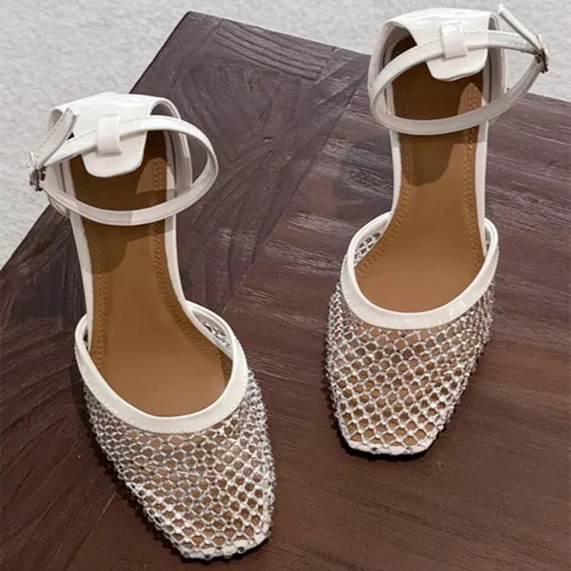 ADVBRIDGE  -  Luxury Mesh Rhinestone Designer Sandals Fashion Buckle Ankle Strap Square Toe women Slide Sandals summer Sexy Hollow Ladies Shoe