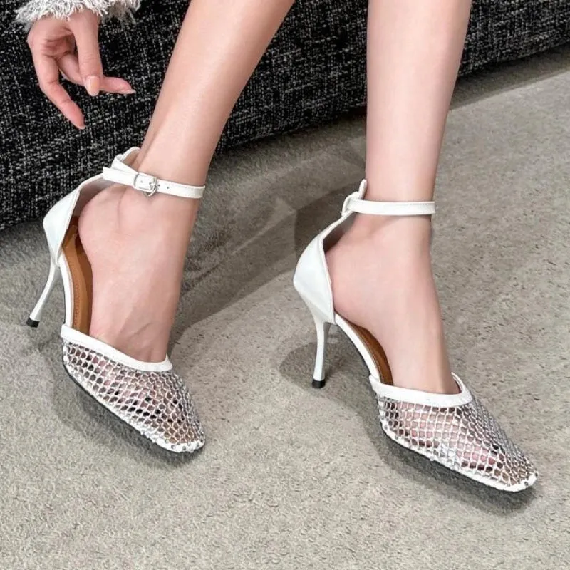 ADVBRIDGE  -  Luxury Mesh Rhinestone Designer Sandals Fashion Buckle Ankle Strap Square Toe women Slide Sandals summer Sexy Hollow Ladies Shoe