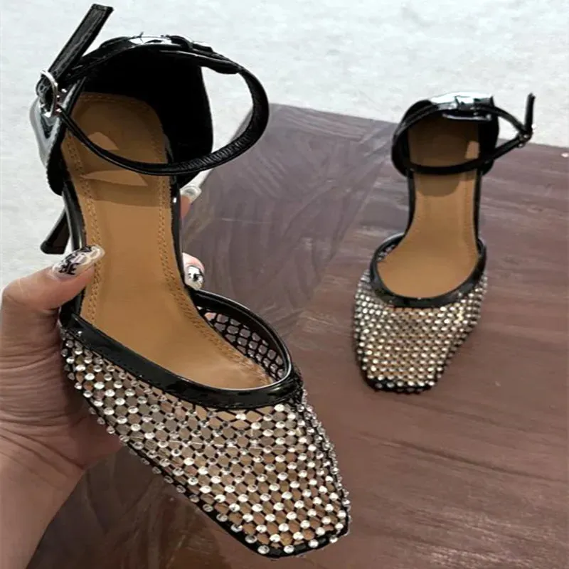 ADVBRIDGE  -  Luxury Mesh Rhinestone Designer Sandals Fashion Buckle Ankle Strap Square Toe women Slide Sandals summer Sexy Hollow Ladies Shoe