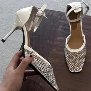 ADVBRIDGE  -  Luxury Mesh Rhinestone Designer Sandals Fashion Buckle Ankle Strap Square Toe women Slide Sandals summer Sexy Hollow Ladies Shoe