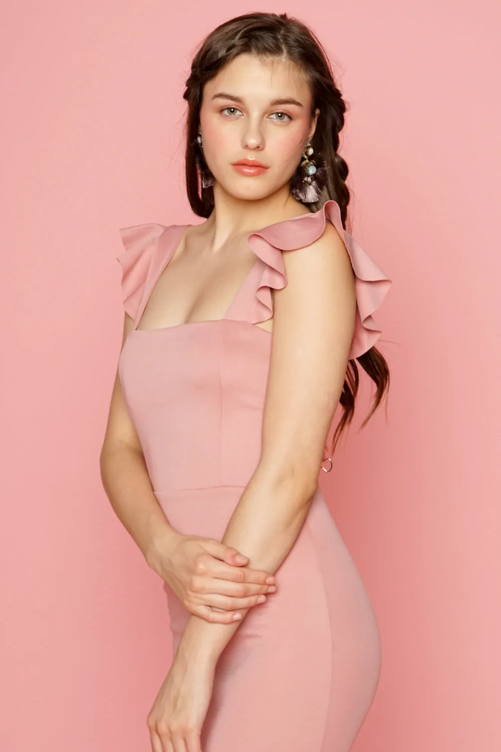 ALANA Strappy Ruffled Midi Dress with Flounce Skirt (Dusty Rose)