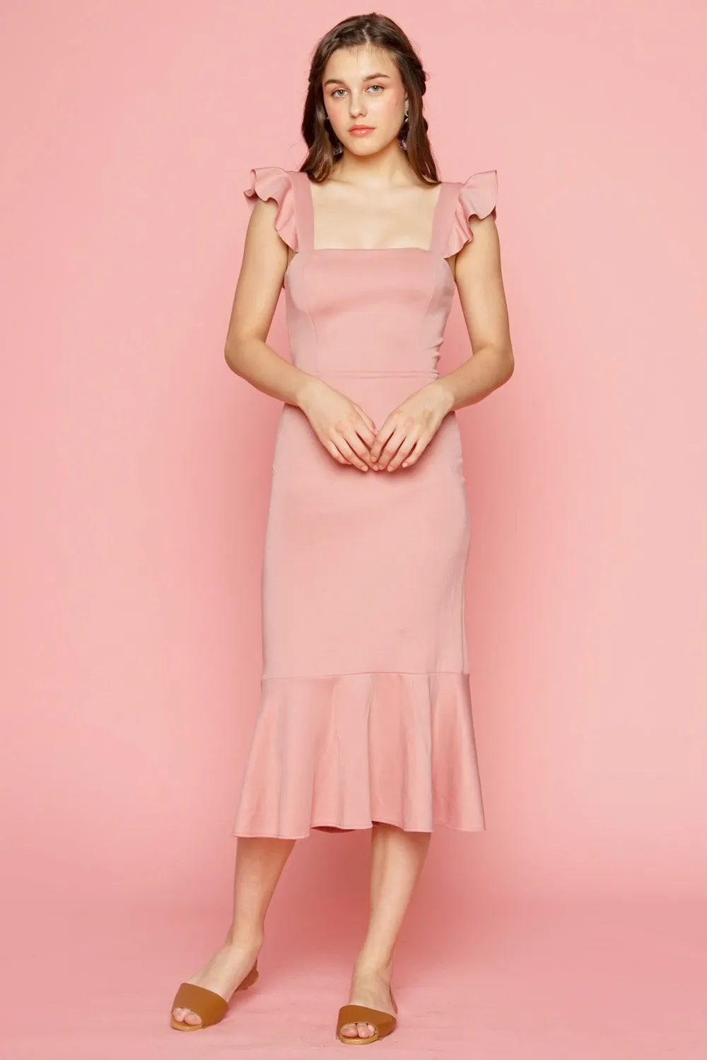 ALANA Strappy Ruffled Midi Dress with Flounce Skirt (Dusty Rose)