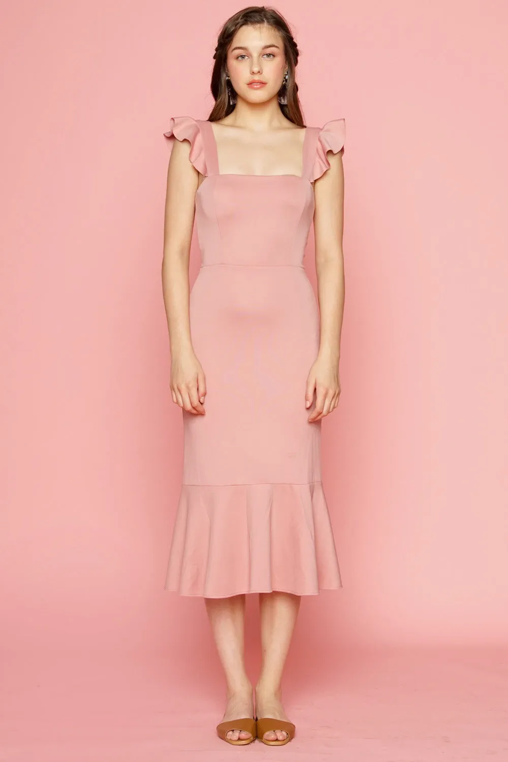 ALANA Strappy Ruffled Midi Dress with Flounce Skirt (Dusty Rose)