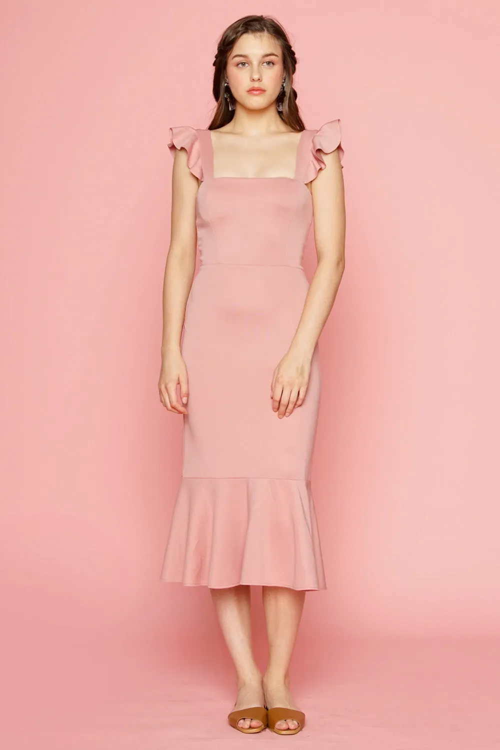 ALANA Strappy Ruffled Midi Dress with Flounce Skirt (Dusty Rose)