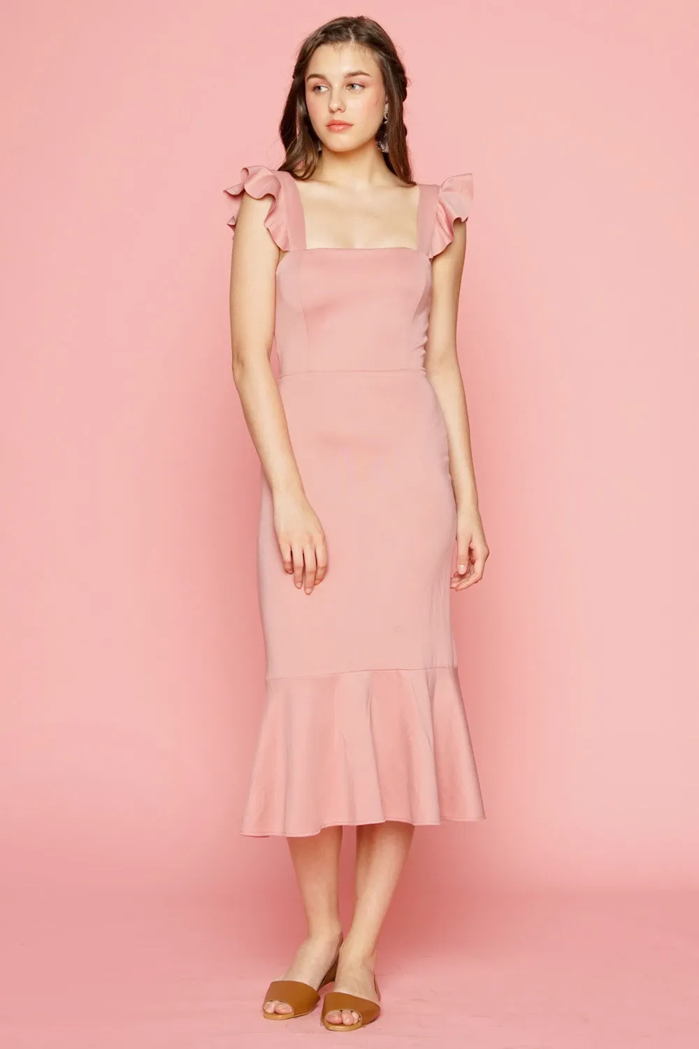 ALANA Strappy Ruffled Midi Dress with Flounce Skirt (Dusty Rose)