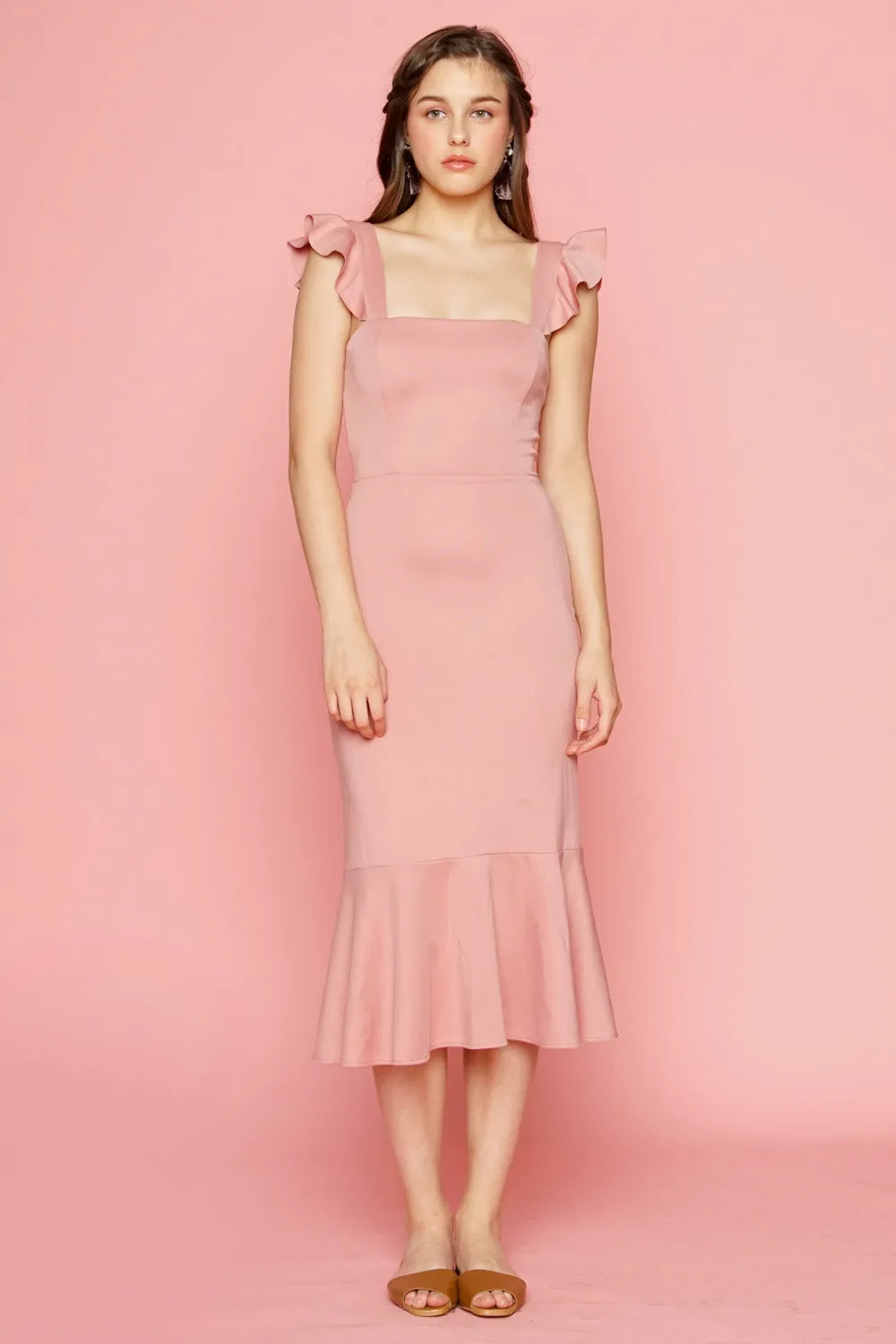 ALANA Strappy Ruffled Midi Dress with Flounce Skirt (Dusty Rose)