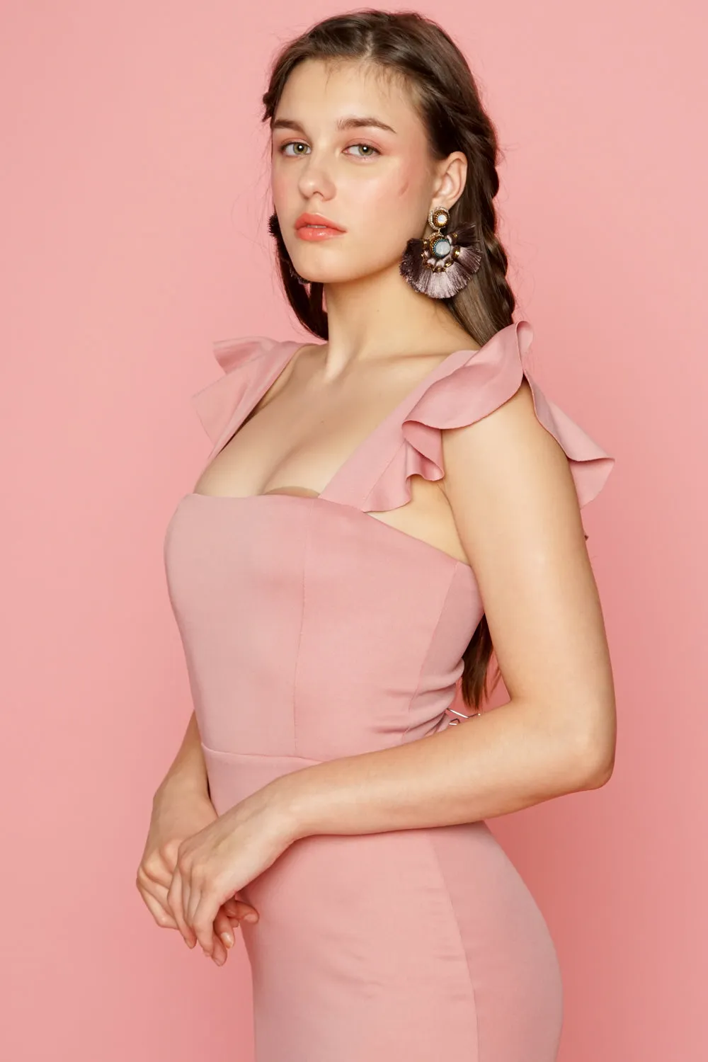 ALANA Strappy Ruffled Midi Dress with Flounce Skirt (Dusty Rose)