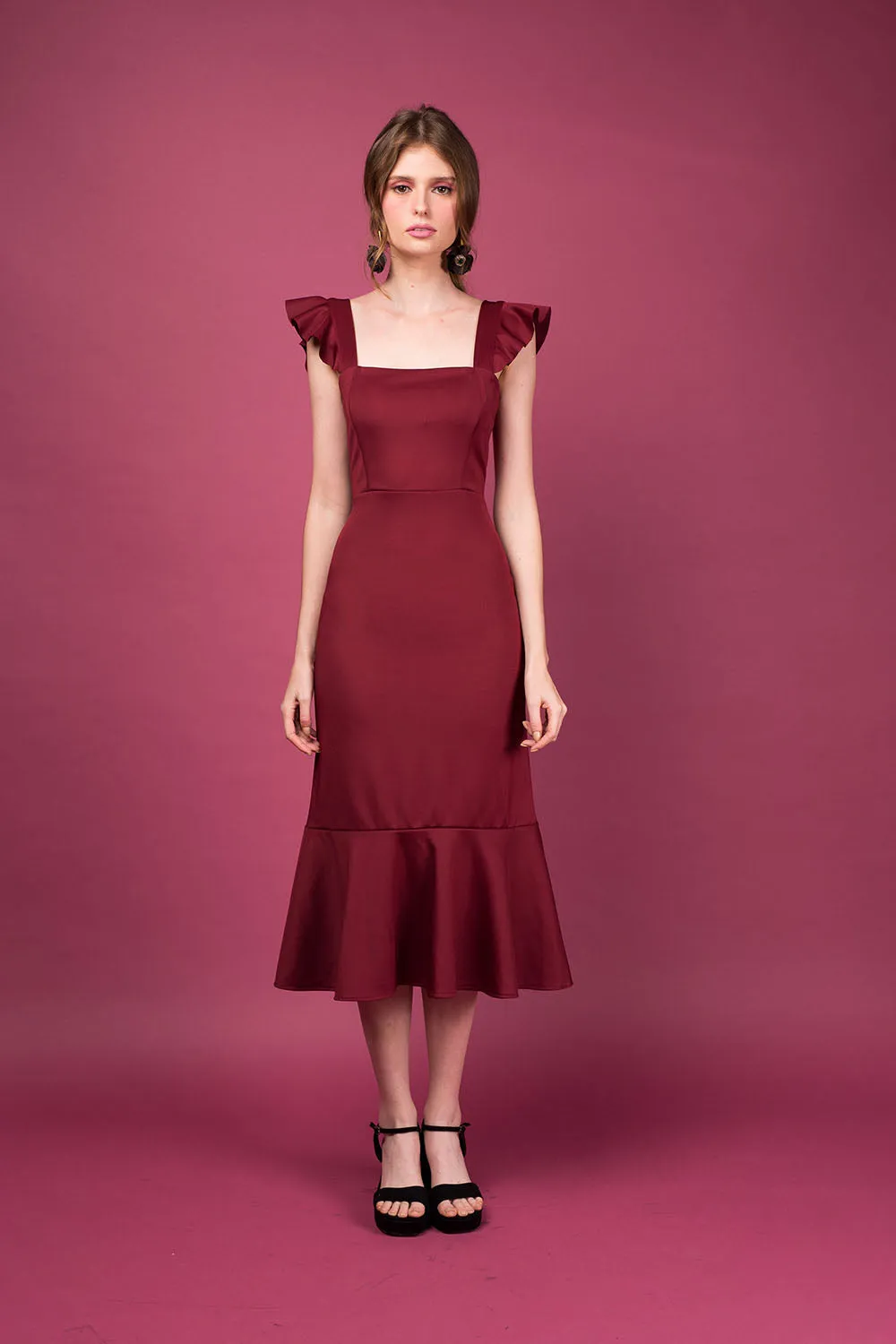 ALANA Strappy Ruffled Midi Dress with Flounce Skirt (Maroon) SAME DAY DELIVERY - MEDIUM