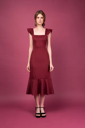 ALANA Strappy Ruffled Midi Dress with Flounce Skirt (Maroon) SAME DAY DELIVERY - MEDIUM