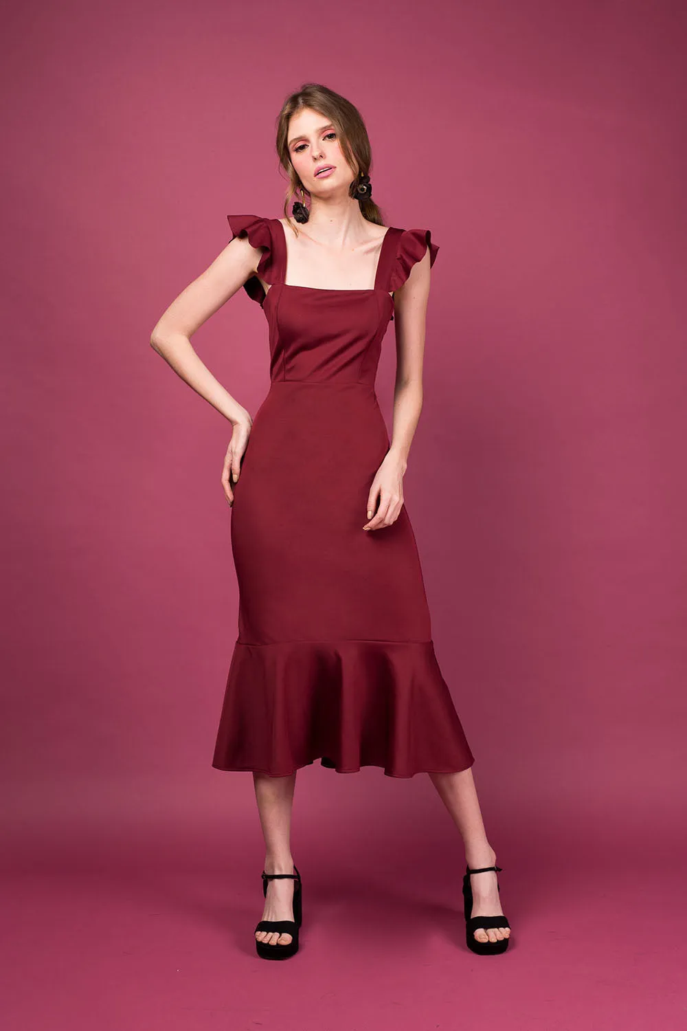 ALANA Strappy Ruffled Midi Dress with Flounce Skirt (Maroon) SAME DAY DELIVERY - MEDIUM
