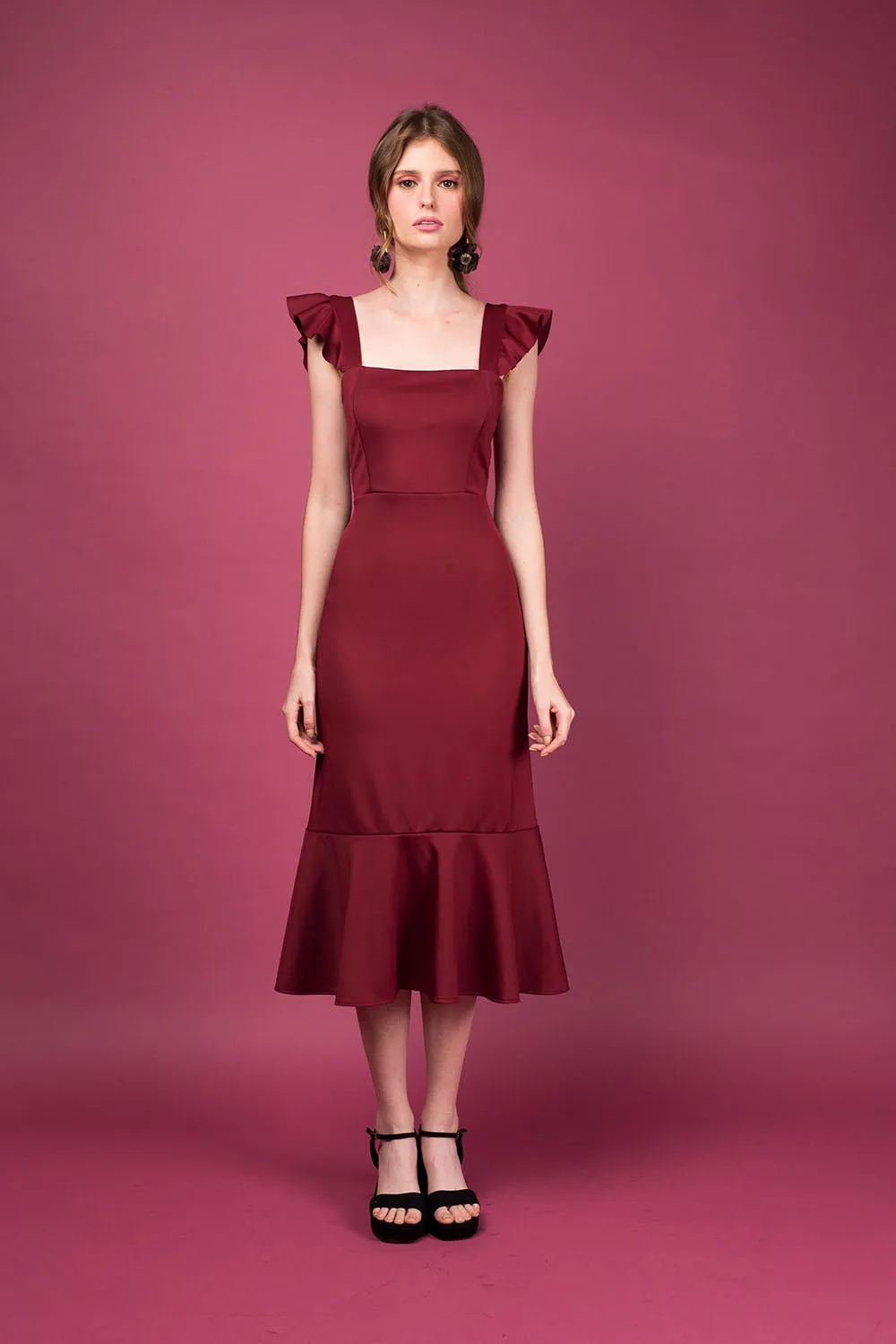 ALANA Strappy Ruffled Midi Dress with Flounce Skirt (Maroon) SAME DAY DELIVERY - MEDIUM