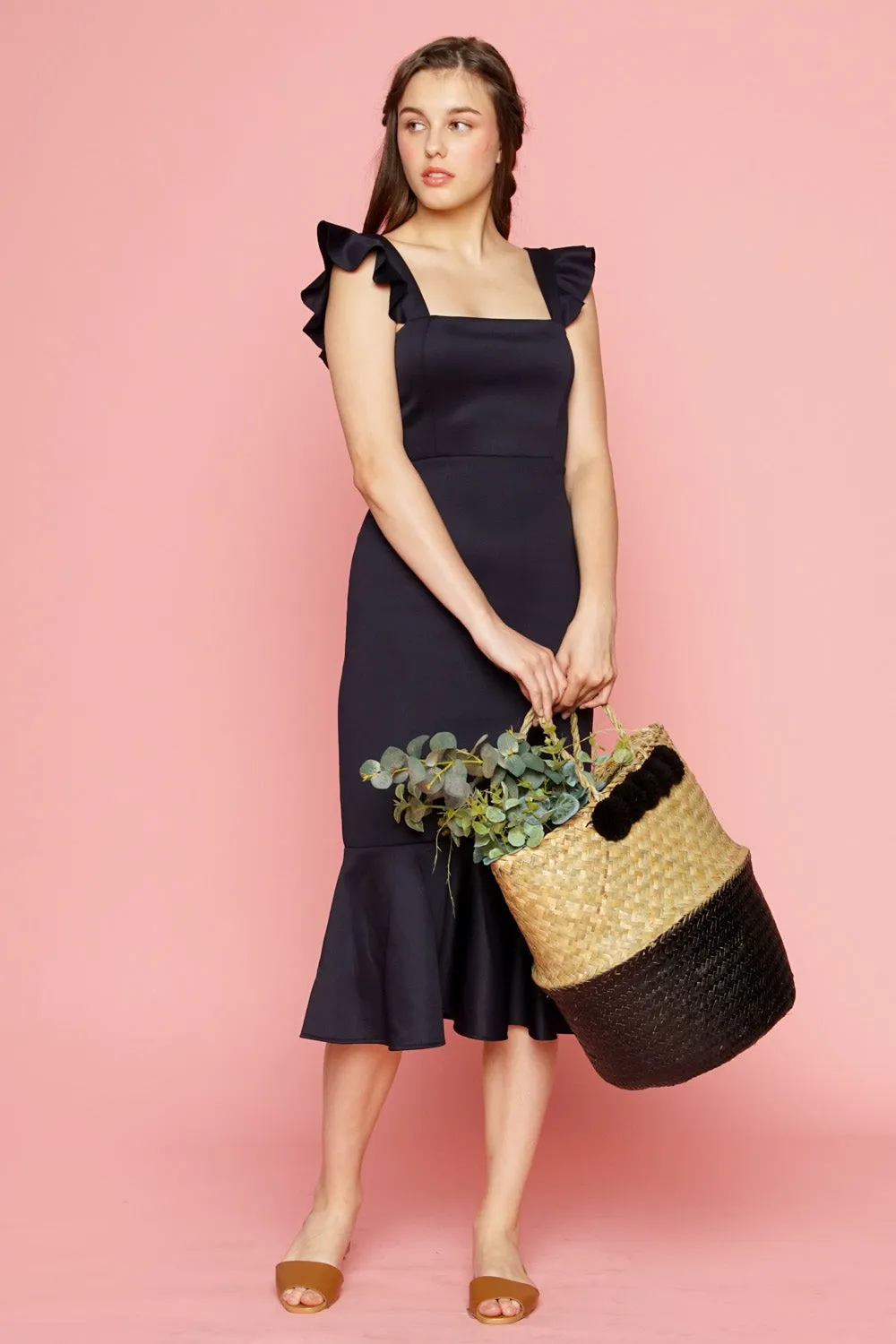 ALANA Strappy Ruffled Midi Dress with Flounce Skirt (Midnight Blue)