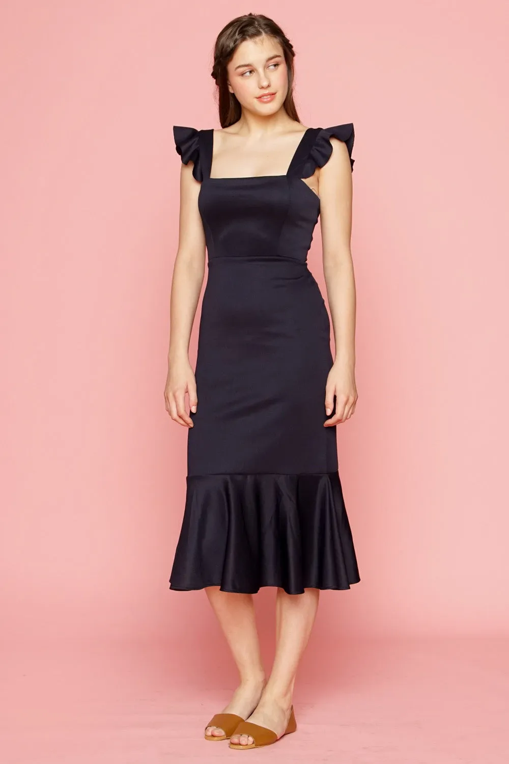 ALANA Strappy Ruffled Midi Dress with Flounce Skirt (Midnight Blue)