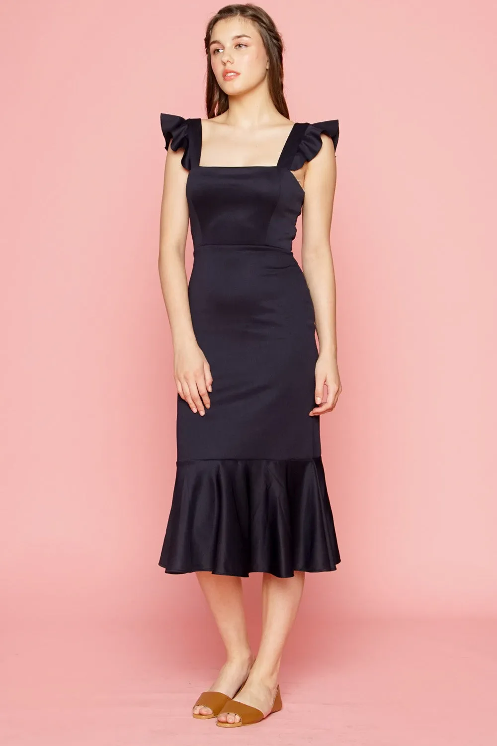 ALANA Strappy Ruffled Midi Dress with Flounce Skirt (Midnight Blue)