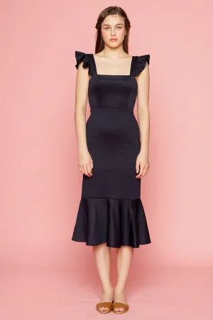 ALANA Strappy Ruffled Midi Dress with Flounce Skirt (Midnight Blue)