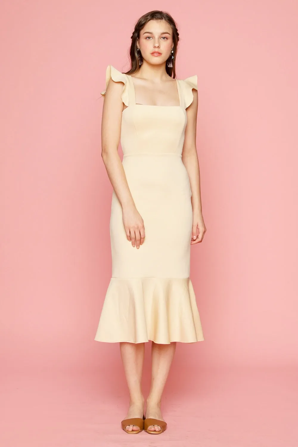 ALANA Strappy Ruffled Midi Dress with Flounce Skirt (Nude)