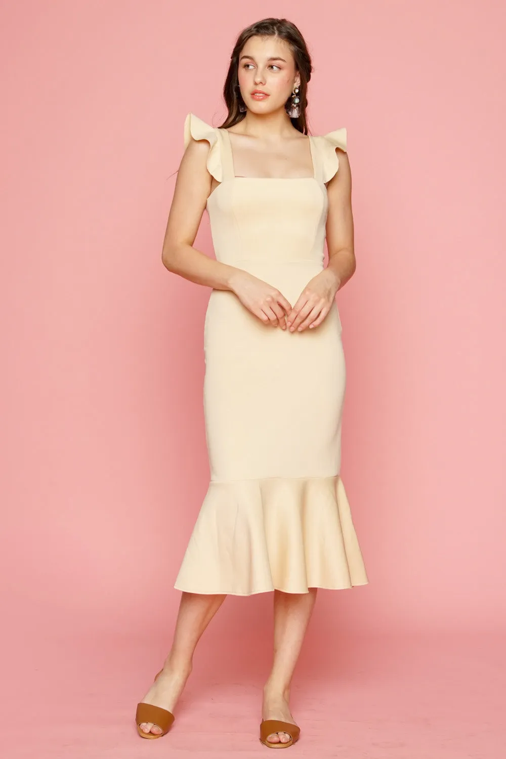 ALANA Strappy Ruffled Midi Dress with Flounce Skirt (Nude)