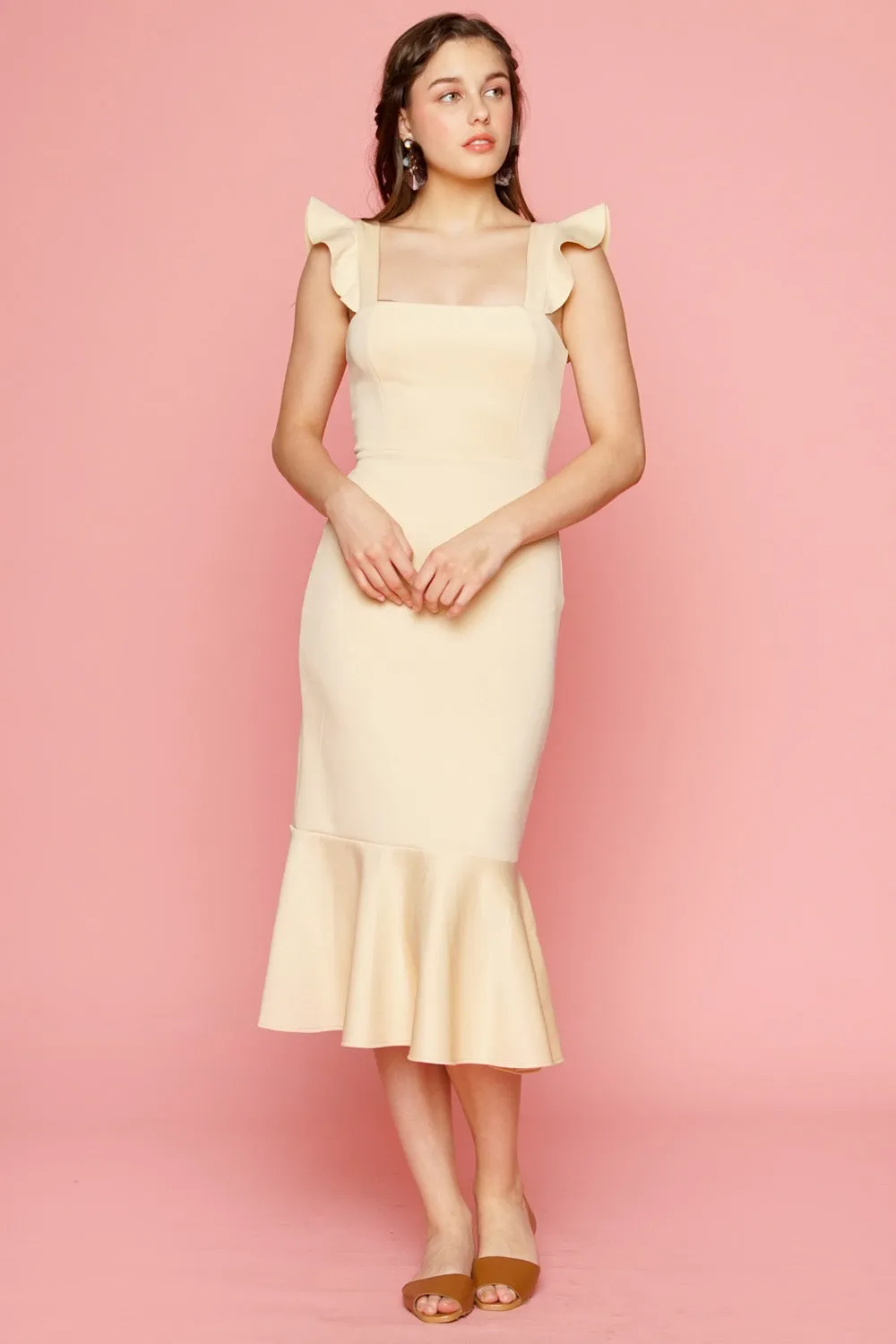 ALANA Strappy Ruffled Midi Dress with Flounce Skirt (Nude)