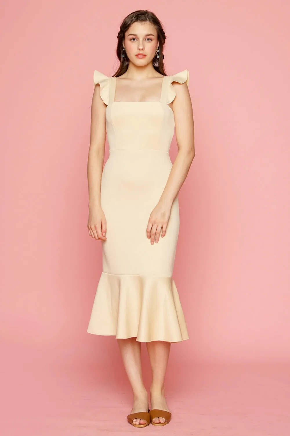 ALANA Strappy Ruffled Midi Dress with Flounce Skirt (Nude)