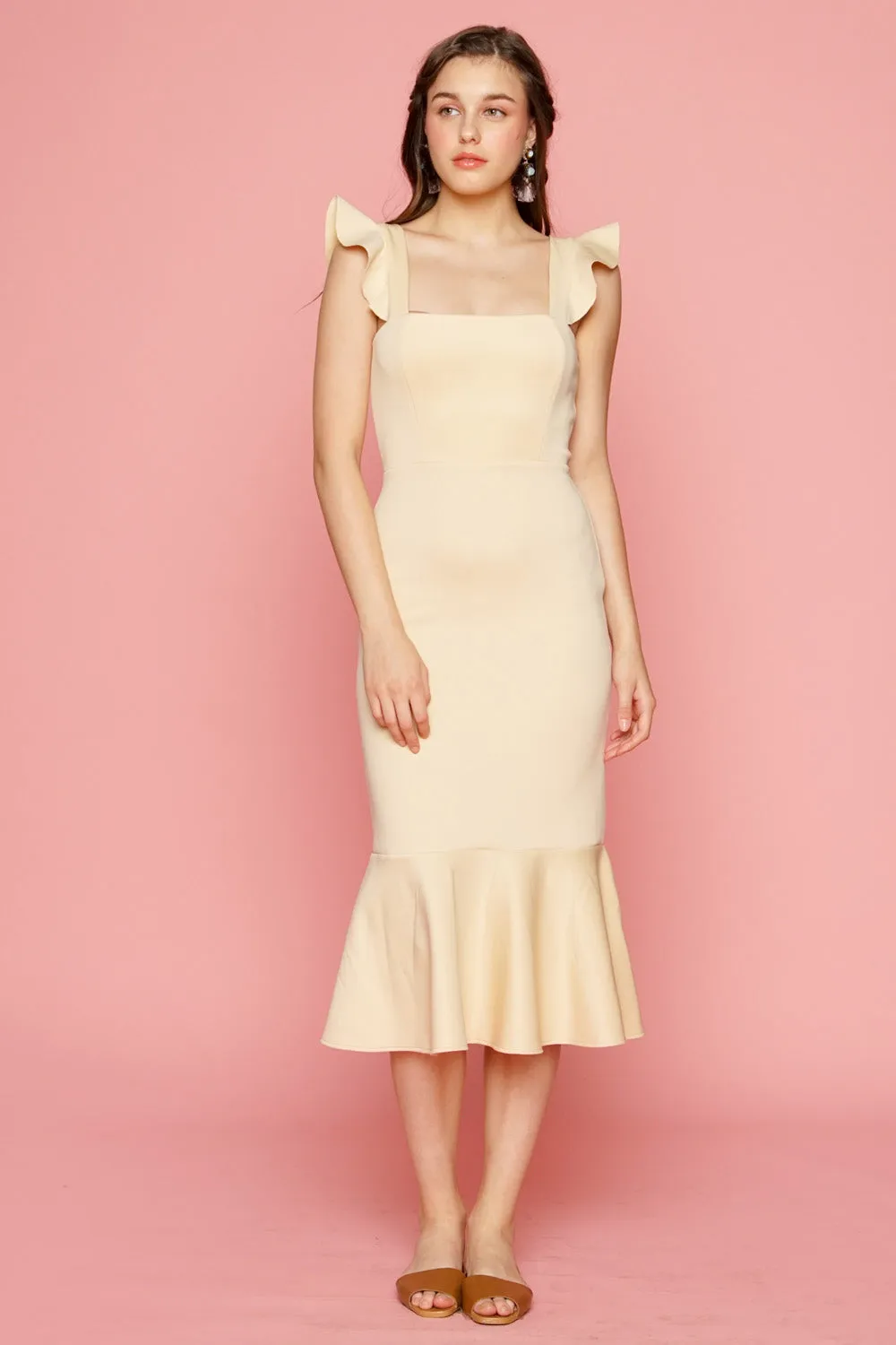 ALANA Strappy Ruffled Midi Dress with Flounce Skirt (Nude)