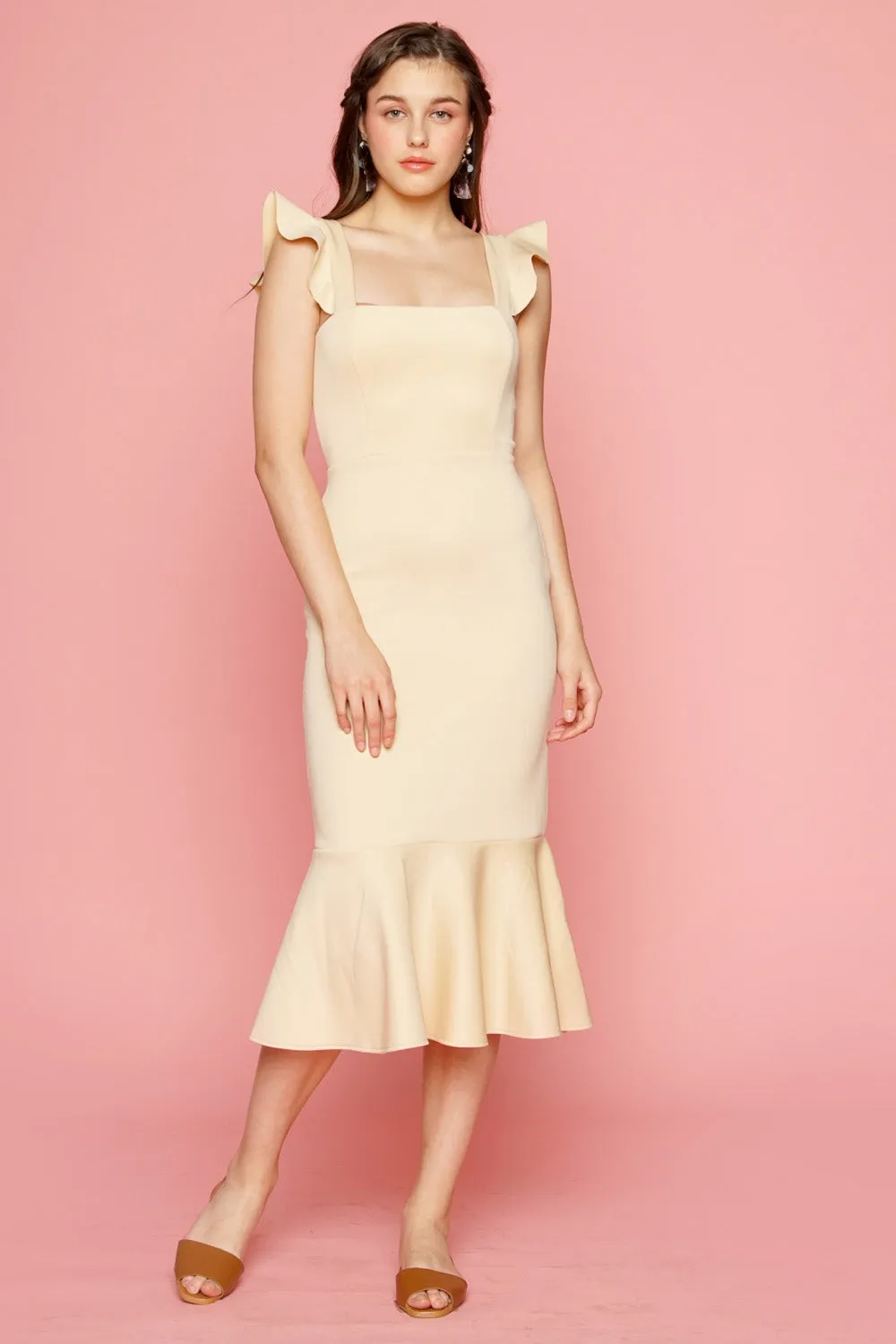 ALANA Strappy Ruffled Midi Dress with Flounce Skirt (Nude)