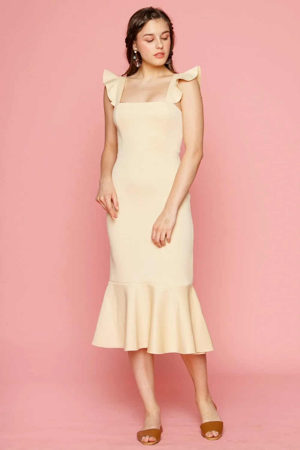 ALANA Strappy Ruffled Midi Dress with Flounce Skirt (Nude)