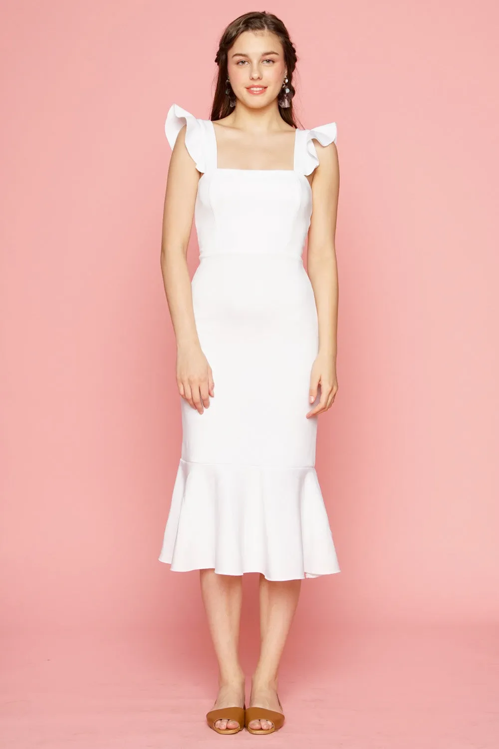 ALANA Strappy Ruffled Midi Dress with Flounce Skirt (White)