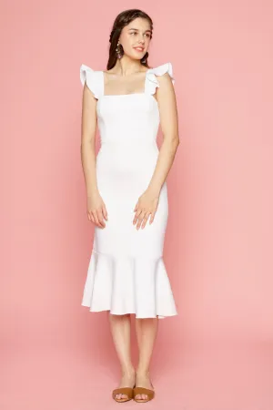 ALANA Strappy Ruffled Midi Dress with Flounce Skirt (White)