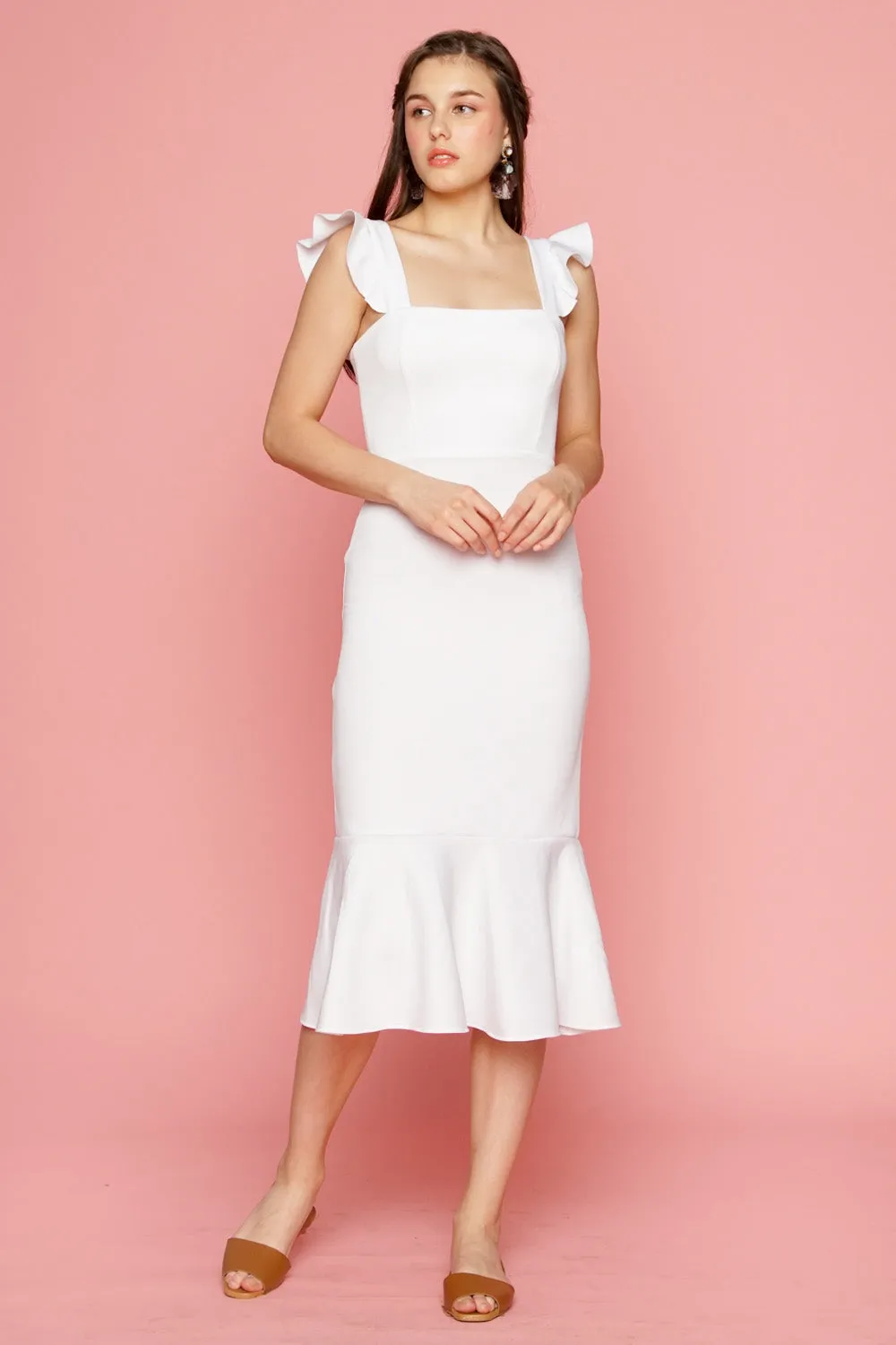 ALANA Strappy Ruffled Midi Dress with Flounce Skirt (White)