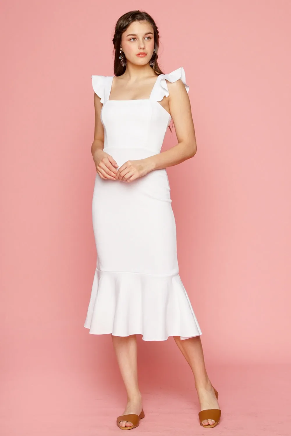 ALANA Strappy Ruffled Midi Dress with Flounce Skirt (White)