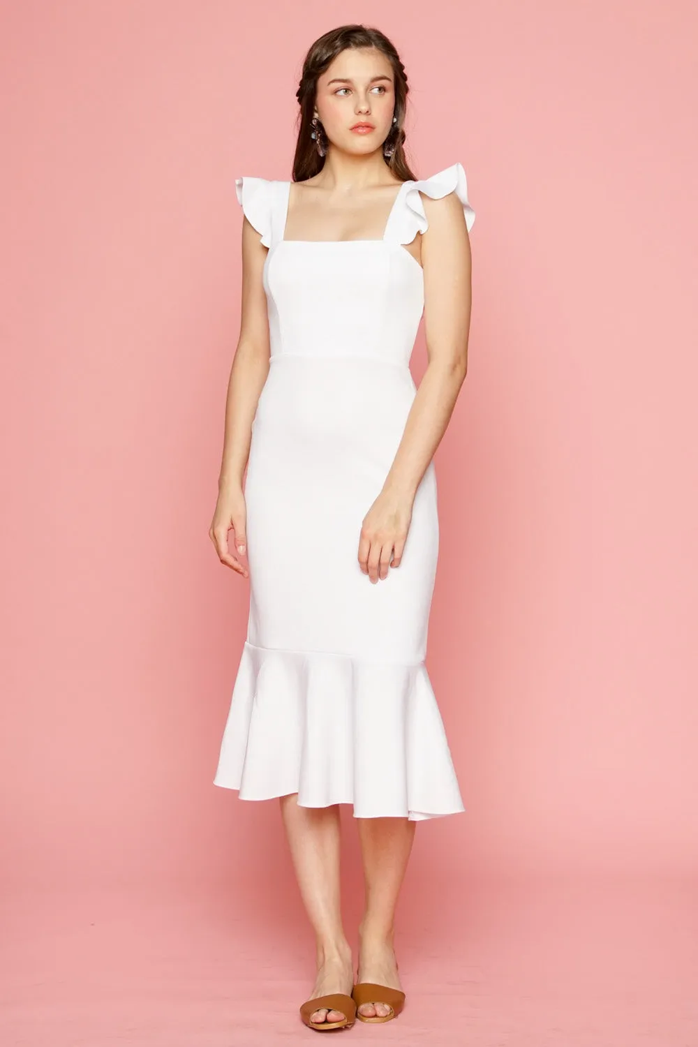 ALANA Strappy Ruffled Midi Dress with Flounce Skirt (White)