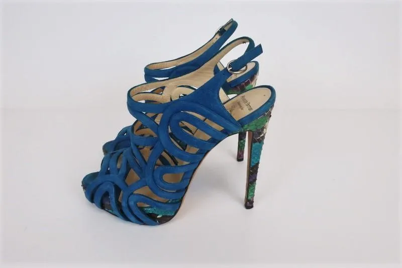 Alexandre Birman Cage Sandal Blue Suede & Python Size 37 Open Toe Slingback Heel