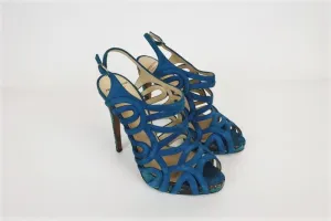 Alexandre Birman Cage Sandal Blue Suede & Python Size 37 Open Toe Slingback Heel