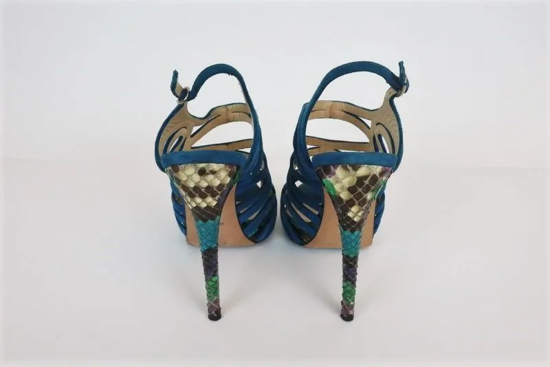 Alexandre Birman Cage Sandal Blue Suede & Python Size 37 Open Toe Slingback Heel
