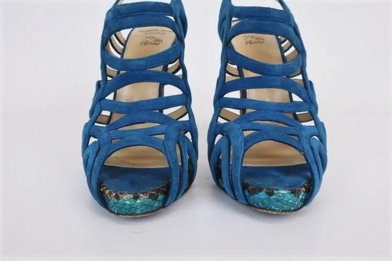 Alexandre Birman Cage Sandal Blue Suede & Python Size 37 Open Toe Slingback Heel