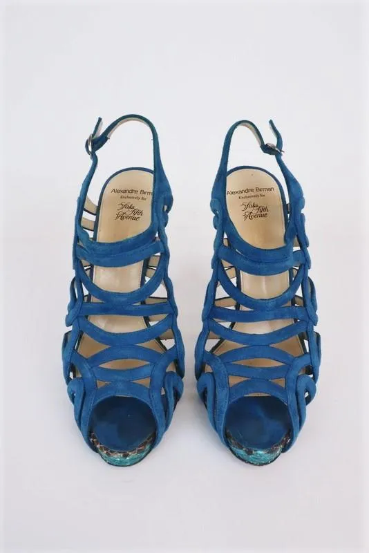Alexandre Birman Cage Sandal Blue Suede & Python Size 37 Open Toe Slingback Heel