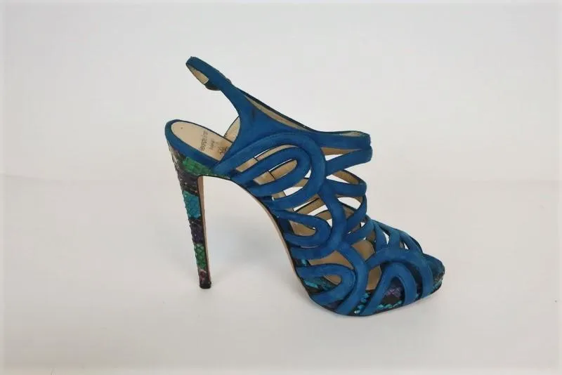 Alexandre Birman Cage Sandal Blue Suede & Python Size 37 Open Toe Slingback Heel