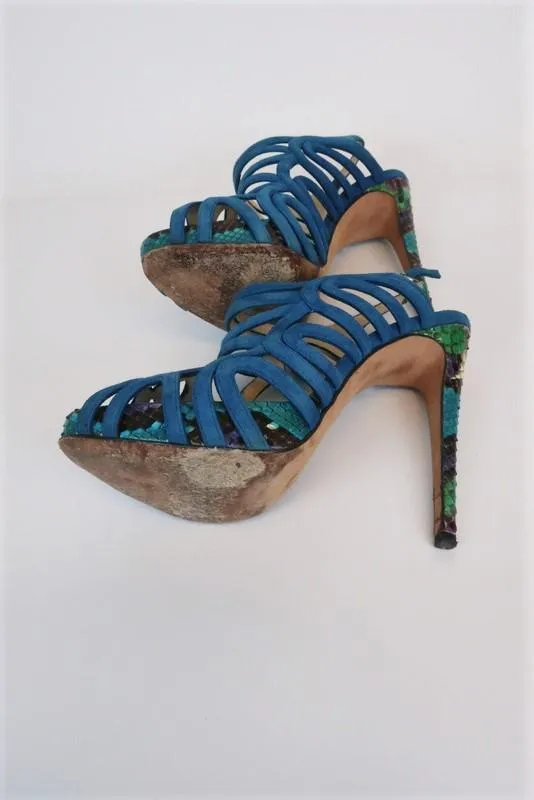 Alexandre Birman Cage Sandal Blue Suede & Python Size 37 Open Toe Slingback Heel