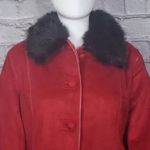 Anne Klein Red Faux Fur Lined Coat with Faux Fur Collar, Women's Small NWT
