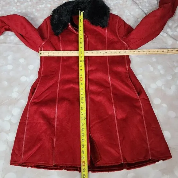 Anne Klein Red Faux Fur Lined Coat with Faux Fur Collar, Women's Small NWT
