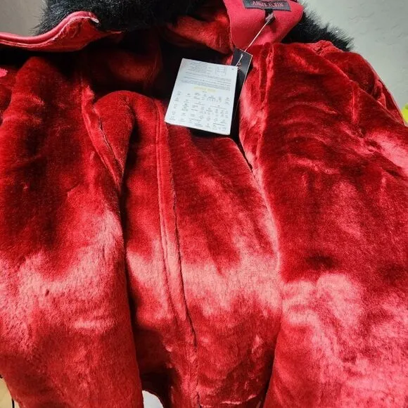 Anne Klein Red Faux Fur Lined Coat with Faux Fur Collar, Women's Small NWT